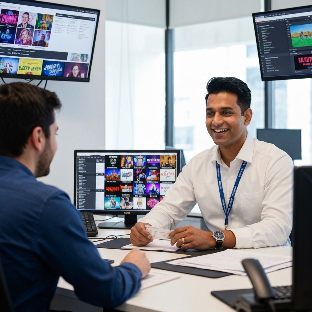 Ticket brokerage office with multiple screens